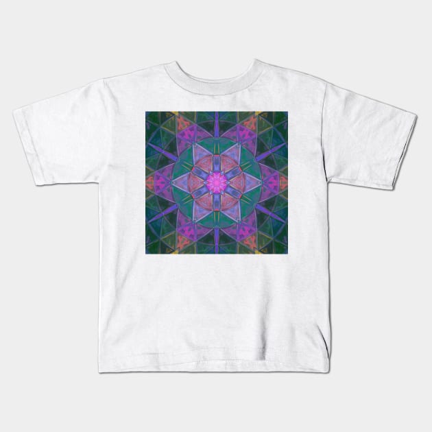 Mosaic Kaleidoscope Flower Purple Pink and Blue Kids T-Shirt by WormholeOrbital